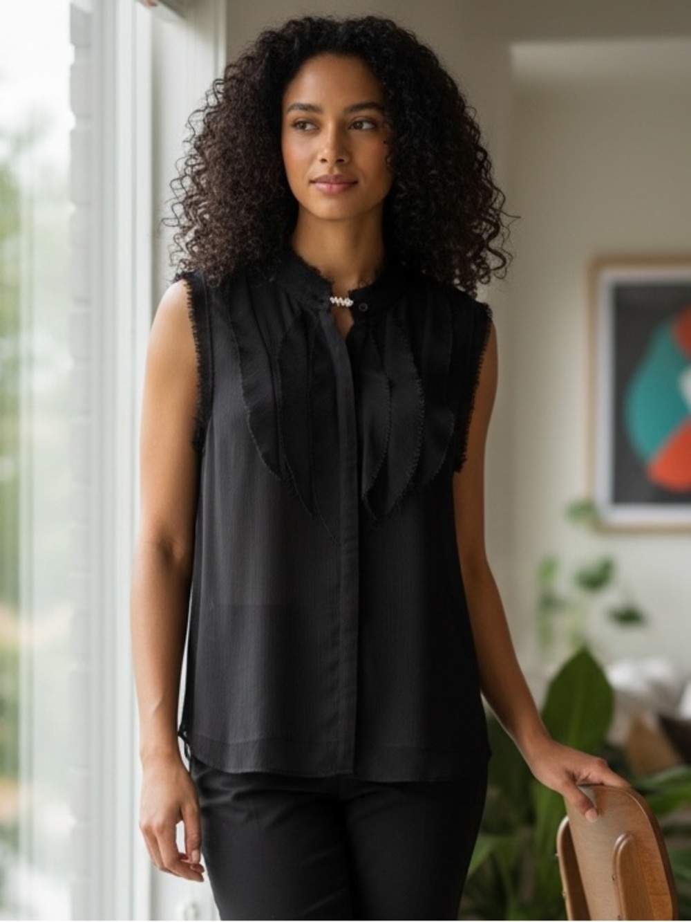 NIC+ZOE Sleeveless Black Ruffle-Trim Blouse - sz XL